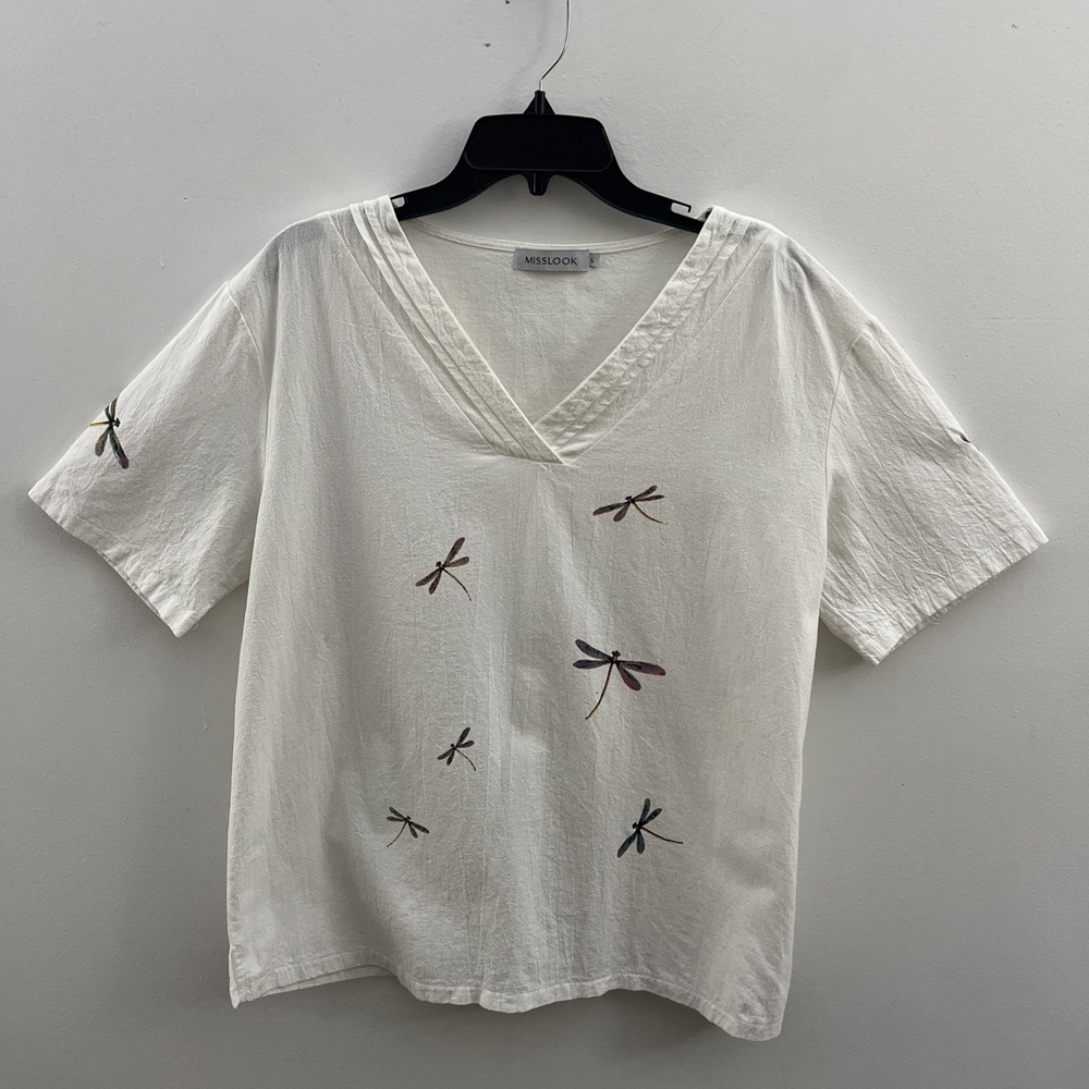 Misslook Women's Textured Popover Top Dragonfly White Large Casual Nature Earthy